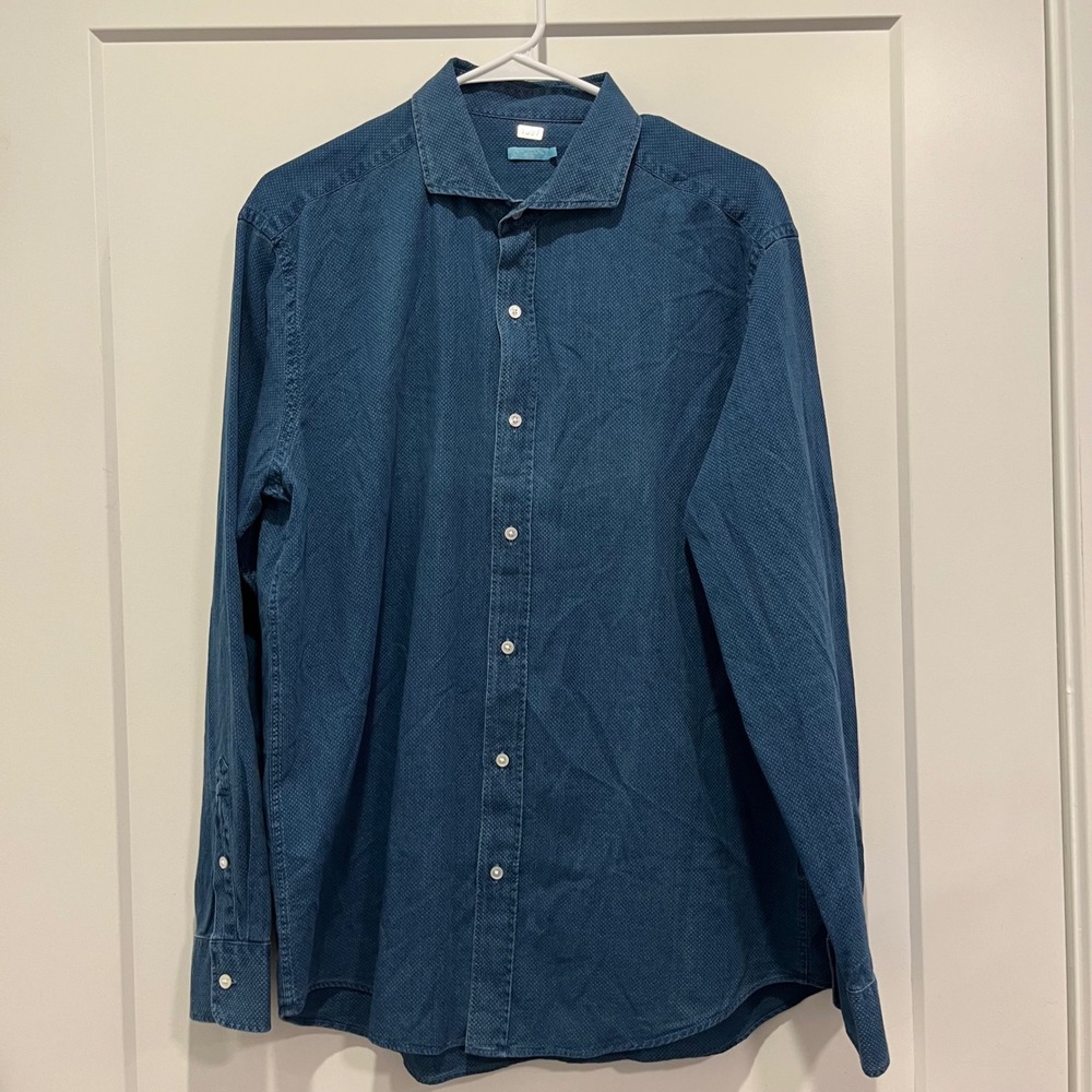 J.McLaughlin Mens Blue Textured Cotton Button Down Shirt Large Long Sleeve